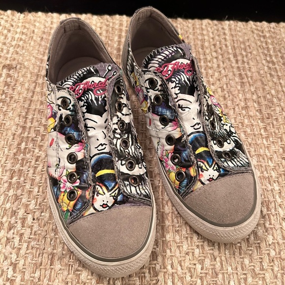 Ed Hardy Colorful Tattoo Slip On Sneakers Women Sz 5 Shoes Low Tops Y2K Grunge - Picture 2 of 10